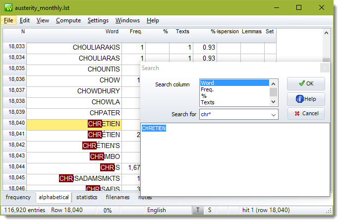 search in wordlist for chr